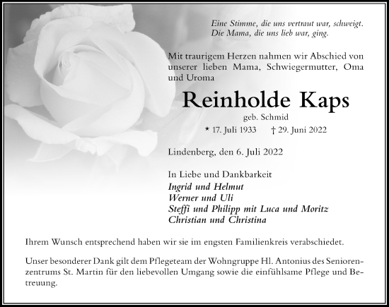 Traueranzeige von Reinholde Kaps von Der Westallgäuer