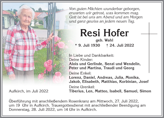 Traueranzeige von Resi Hofer von Allgäuer Zeitung, Kaufbeuren/Buchloe