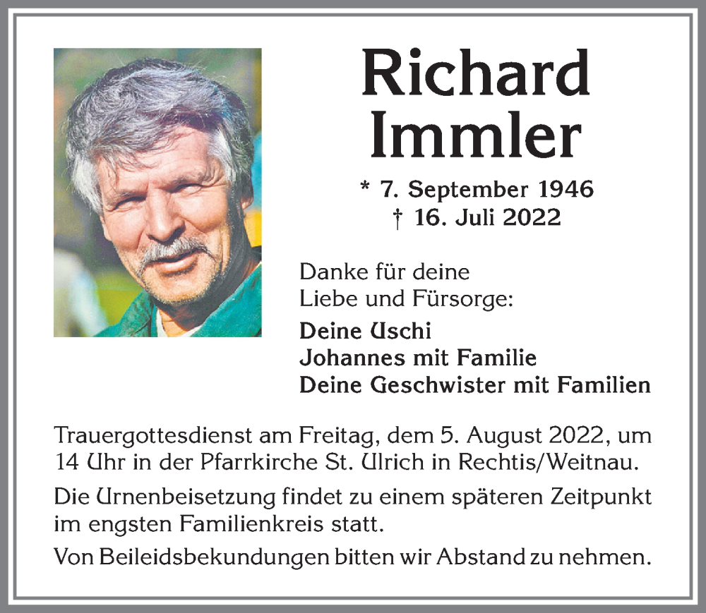  Traueranzeige für Richard Immler vom 30.07.2022 aus Allgäuer Zeitung,Kempten
