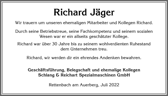 Traueranzeige von Richard Jäger von Allgäuer Zeitung, Marktoberdorf