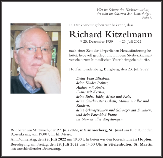 Traueranzeige von Richard Kitzelmann von Der Westallgäuer