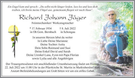 Traueranzeige von Richard Johann Jäger von Allgäuer Zeitung, Marktoberdorf