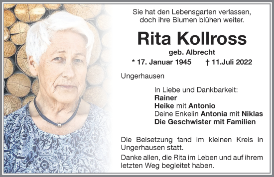 Traueranzeige von Rita Kollross von Memminger Zeitung