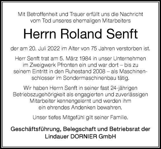 Traueranzeige von Roland Senft von Allgäuer Zeitung, Füssen