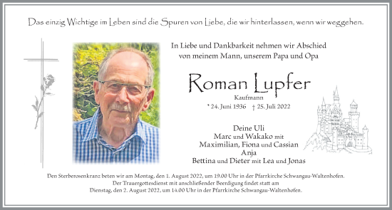 Traueranzeige von Roman Lupfer von Allgäuer Zeitung, Füssen