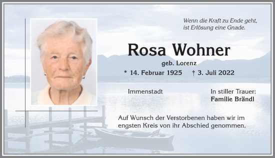 Traueranzeige von Rosa Wohner von Allgäuer Anzeigeblatt