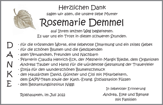 Traueranzeige von Rosemarie Demmel von Allgäuer Zeitung, Füssen