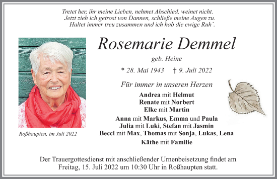 Traueranzeige von Rosemarie Demmel von Allgäuer Zeitung, Füssen