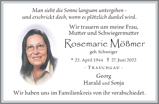 Traueranzeige von Rosemarie Mößmer von Allgäuer Zeitung, Füssen