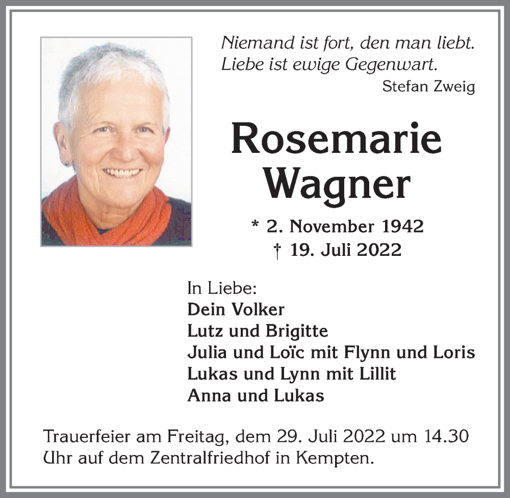  Traueranzeige für Rosemarie Wagner vom 23.07.2022 aus Allgäuer Zeitung,Kempten