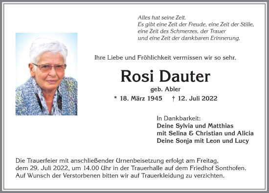 Traueranzeige von Rosi Dauter von Allgäuer Anzeigeblatt