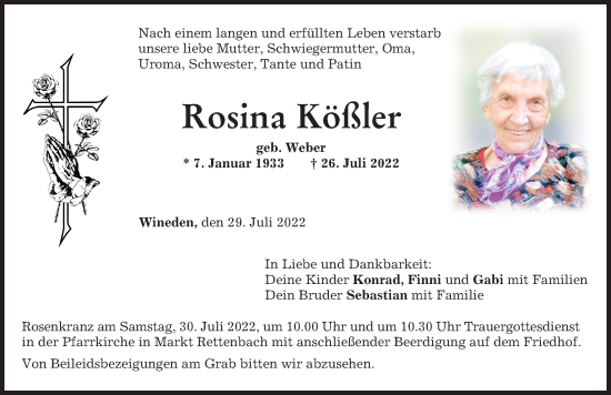 Traueranzeige von Rosina Kößler von Memminger Zeitung