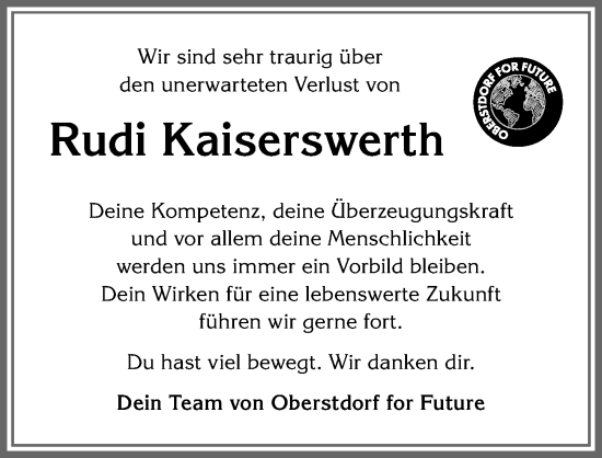 Traueranzeige von Rudi Kaiserswerth von Allgäuer Anzeigeblatt