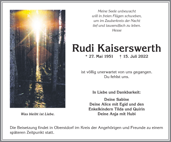 Traueranzeige von Rudi Kaiserswerth von Allgäuer Anzeigeblatt