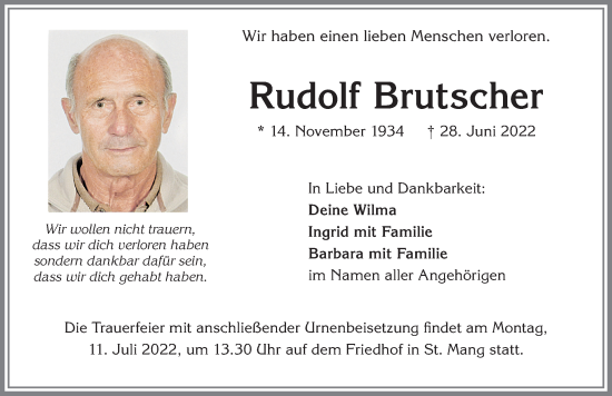 Traueranzeige von Rudolf Brutscher von Allgäuer Zeitung,Kempten