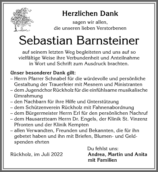 Traueranzeige von Sebastian Barnsteiner von Allgäuer Zeitung, Füssen