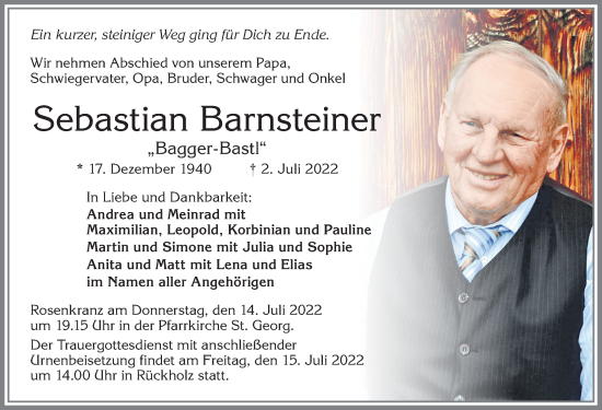Traueranzeige von Sebastian Barnsteiner von Allgäuer Zeitung, Füssen