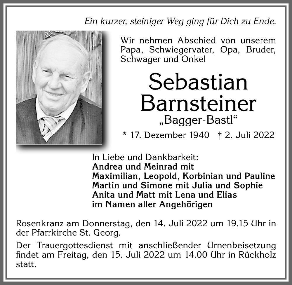  Traueranzeige für Sebastian Barnsteiner vom 09.07.2022 aus Allgäuer Zeitung, Marktoberdorf
