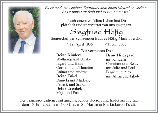 Traueranzeige von Siegfried Höfig von Allgäuer Zeitung, Marktoberdorf