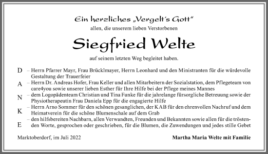Traueranzeige von Siegfried Welte von Allgäuer Zeitung, Marktoberdorf