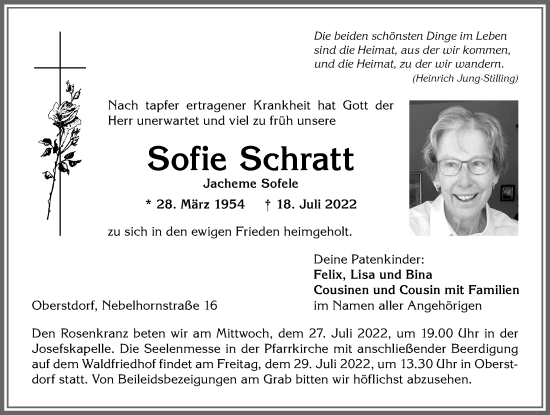 Traueranzeige von Sofie Schratt von Allgäuer Anzeigeblatt