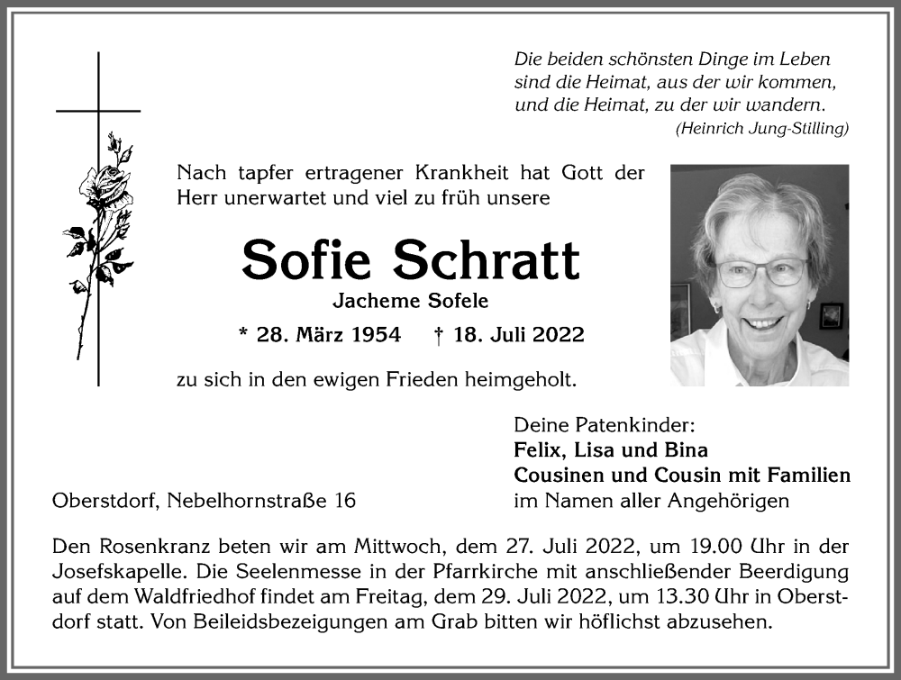  Traueranzeige für Sofie Schratt vom 26.07.2022 aus Allgäuer Anzeigeblatt