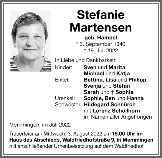 Traueranzeige von Stefanie Martensen von Memminger Zeitung
