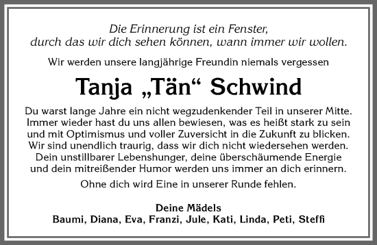 Traueranzeige von Tanja Schwind von Allgäuer Zeitung, Marktoberdorf