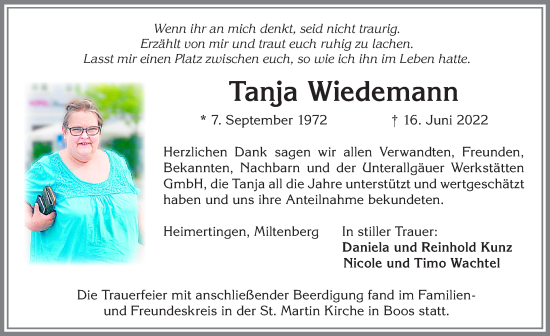 Traueranzeige von Tanja Wiedemann von Memminger Zeitung