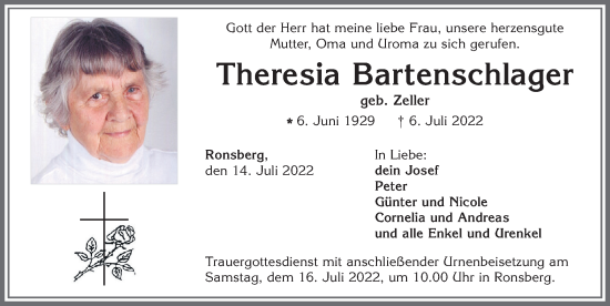 Traueranzeige von Theresia Bartenschlager von Allgäuer Zeitung, Marktoberdorf