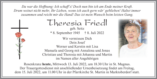 Traueranzeige von Theresia Friedl von Allgäuer Zeitung, Marktoberdorf