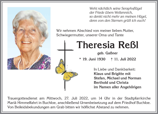 Traueranzeige von Theresia Reßl von Allgäuer Zeitung, Kaufbeuren/Buchloe
