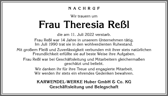 Traueranzeige von Theresia Reßl von Allgäuer Zeitung, Kaufbeuren/Buchloe