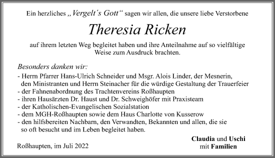Traueranzeige von Theresia Ricken von Allgäuer Zeitung, Füssen