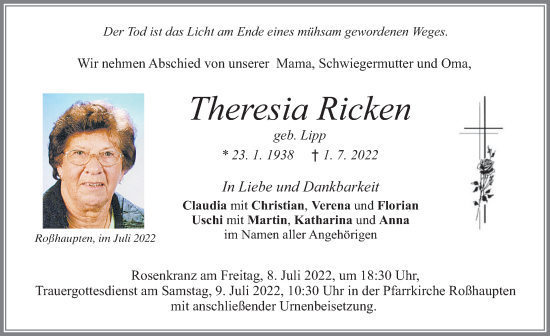 Traueranzeige von Theresia Ricken von Allgäuer Zeitung, Füssen
