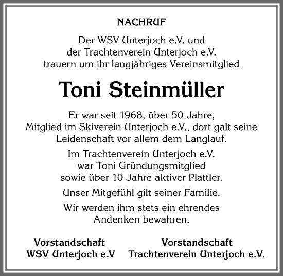 Traueranzeige von Toni Steinmüller von Allgäuer Anzeigeblatt