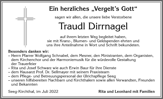 Traueranzeige von Traudl Dirrnagel von Allgäuer Zeitung, Füssen