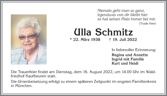 Traueranzeige von Ulla Schmitz von Allgäuer Zeitung, Kaufbeuren/Buchloe
