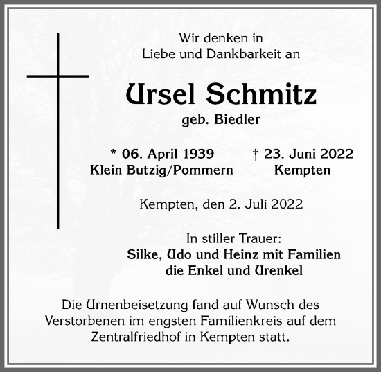 Traueranzeige von Ursel Schmitz von Allgäuer Zeitung,Kempten