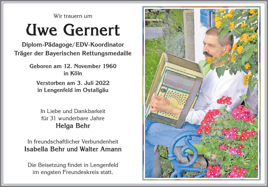 Traueranzeige von Uwe Gernert von Landsberger Tagblatt, Augsburger Allgemeine
