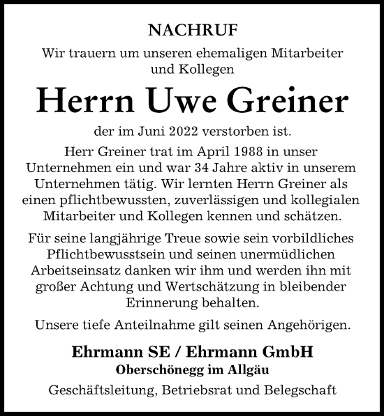 Traueranzeige von Uwe Greiner von Augsburger Allgemeine, Illertisser Zeitung