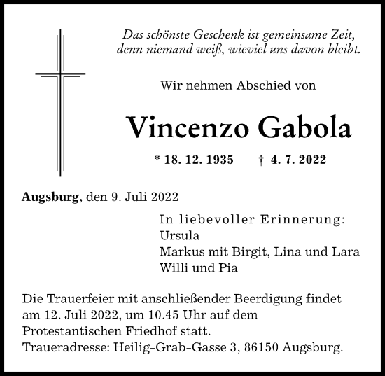 Traueranzeige von Vincenzo Gabola von Augsburger Allgemeine