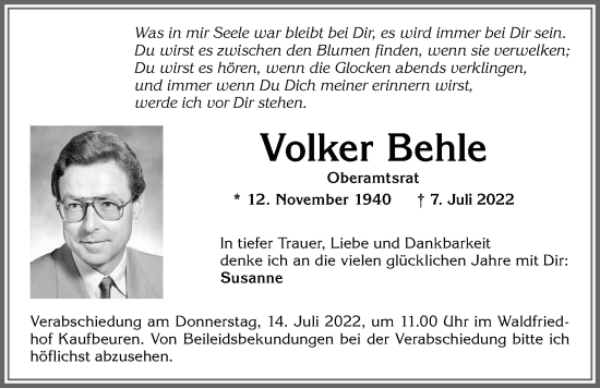 Traueranzeige von Volker Behle von Allgäuer Zeitung, Kaufbeuren/Buchloe