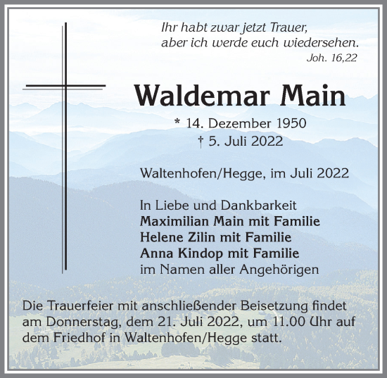 Traueranzeige von Waldemar Main von Allgäuer Zeitung,Kempten