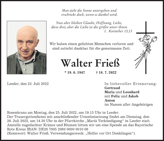 Traueranzeige von Walter Frieß von Allgäuer Zeitung, Kaufbeuren/Buchloe