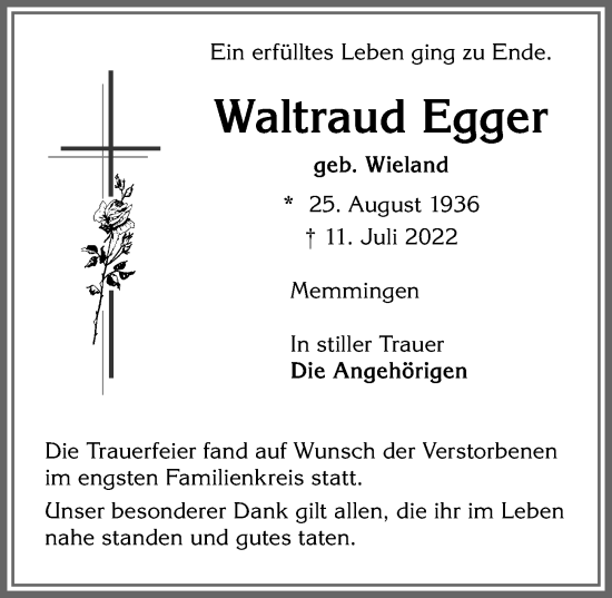 Traueranzeige von Waltraud Egger von Memminger Zeitung