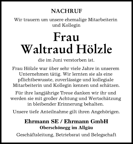 Traueranzeige von Waltraud Hölzle von Augsburger Allgemeine, Illertisser Zeitung