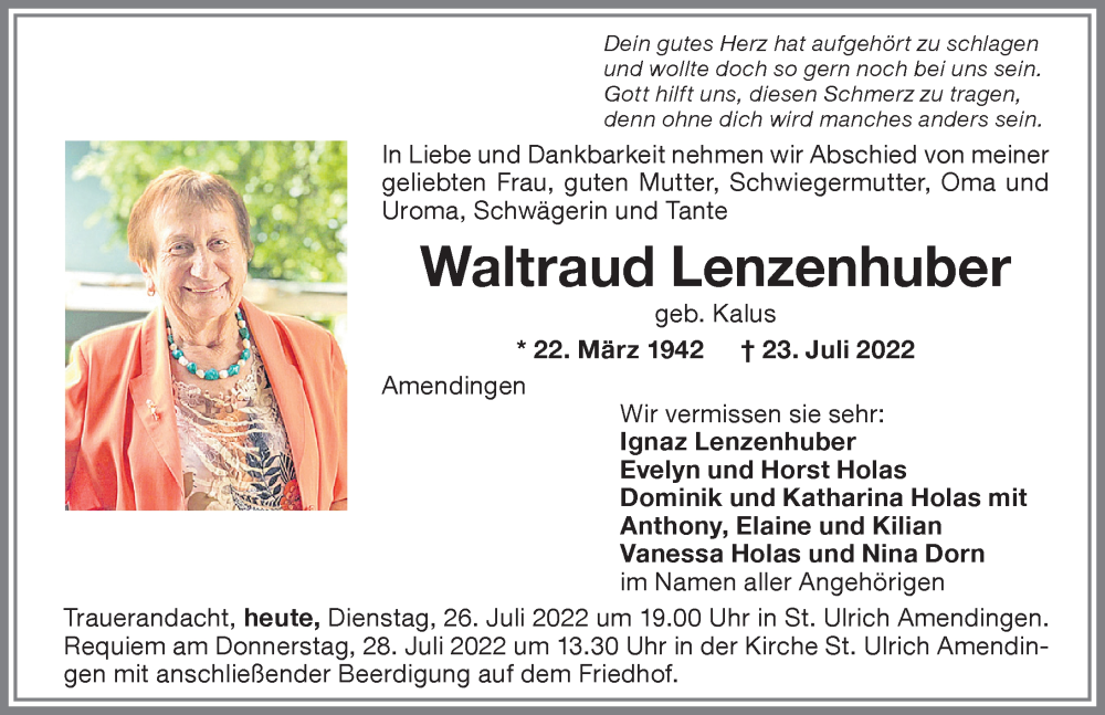  Traueranzeige für Waltraud Lenzenhuber vom 26.07.2022 aus Memminger Zeitung