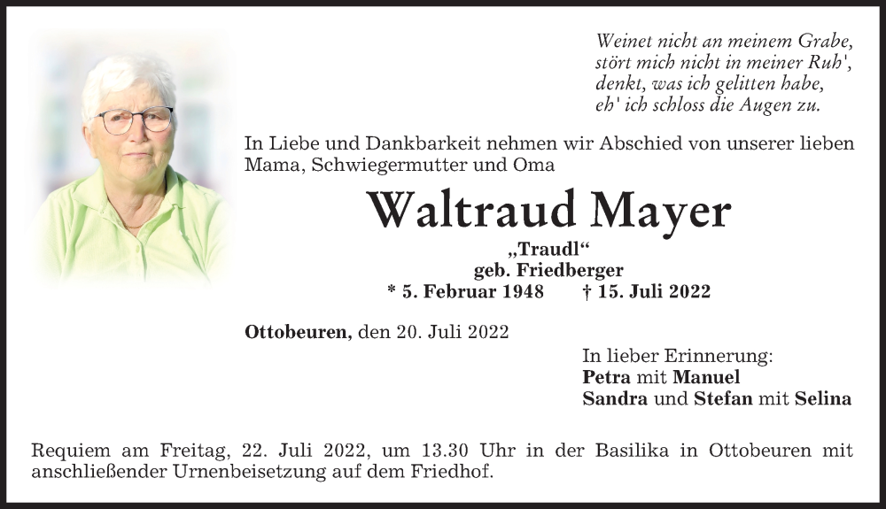  Traueranzeige für Waltraud Mayer vom 20.07.2022 aus Memminger Zeitung