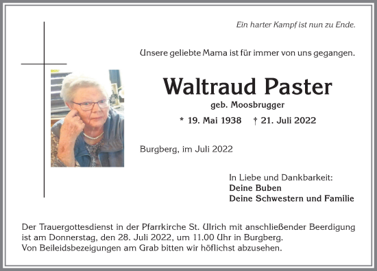 Traueranzeige von Waltraud Paster von Allgäuer Anzeigeblatt
